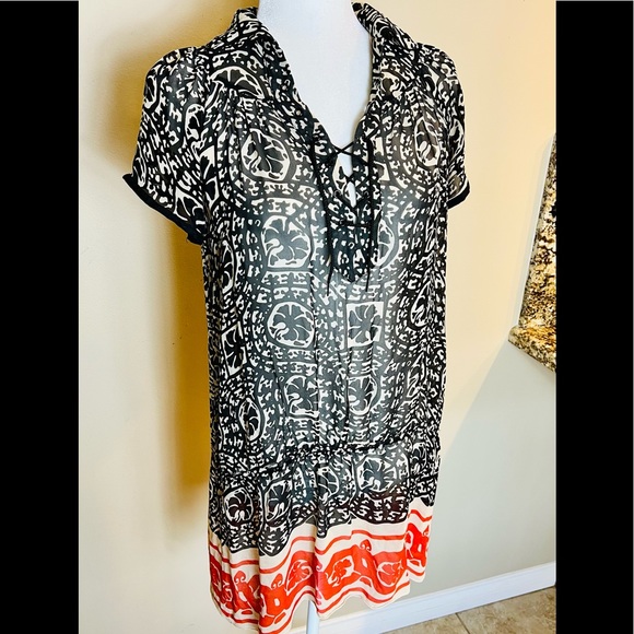 ANNA SUI Black Red Sheer Silk Border Print Lace Up Dress w Flounce. Size XS - Picture 9 of 10